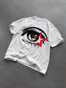 Men's Cotton T-Shirt - Eye & Star Graphic Print, Black & Red Design, Short Sleeve Round Neck, Summer Casual Tee, Streetwear Style, Machine Washable, Vintage & , Streetwear - 白色 - 查看 1