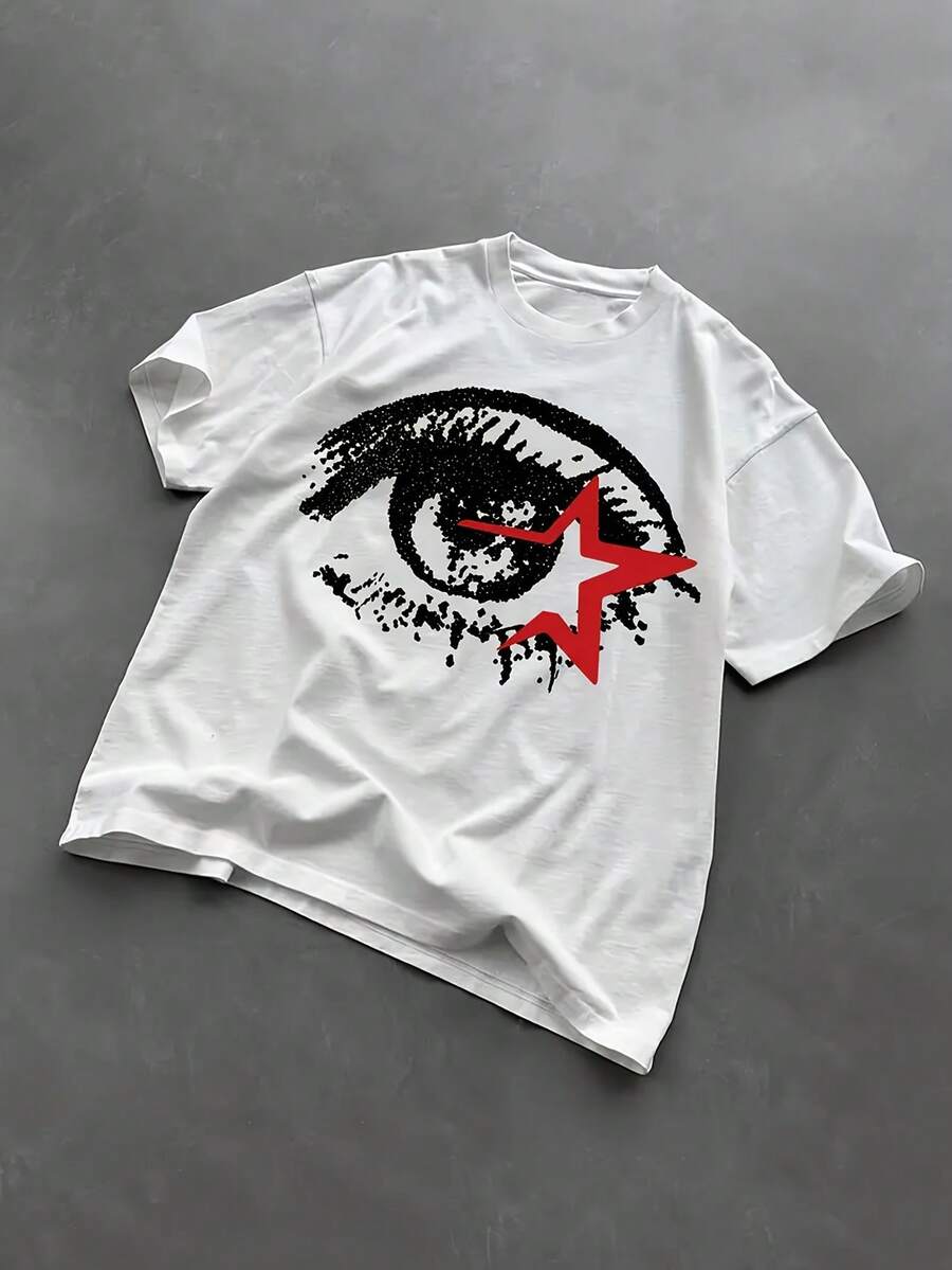 Men's Cotton T-Shirt - Eye & Star Graphic Print, Black & Red Design, Short Sleeve Round Neck, Summer Casual Tee, Streetwear Style, Machine Washable, Vintage & , Streetwear - 白色 - 查看 1