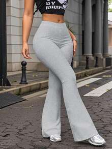 Quần legging yoga ống loe cạp cao màu trơn dành cho nữ, quần tập thể dục chạy bộ, tập luyện mùa xuân - Xám - Xem 4