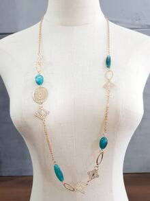 1pc Elegant Geometric Acrylic Bead Hollow Iron Plate Long Necklace, Bohemian Style, Multi-Color, Versatile For Women's Daily Wear