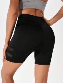 SHEIN Sports Mesh Insert Phone Pocket Sports Shorts Stretchy Shorts Biker Shorts Spandex Short - Black - View 1