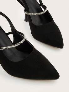 Schwarze Wildleder-Optik Pumps mit Strass-Dekor, Stilettoabsatz und Slingback, vielseitig für den täglichen Gebrauch, Bankette, Partys, modische Damenhochschuhe, Strass-Farbe und -Menge zufällig