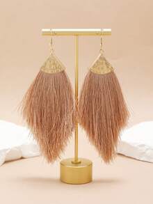 1 Pair Bohemian Style Resort Versatile Khaki, Green, White, Orange Long Tassel Handmade Triangle Minimalist Fashion Oversized Alloy Earrings For Women, Suitable For Daily Wear - Khaki - View 5
