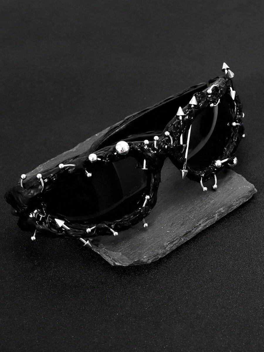1pc Cyberpunk Rivet Drop Glue Fashion Glasses, Metal Accessories, Avant-Garde Personalized, Y2K Men's Glasses Suitable For Daily Wear, Street Photography, Holiday Parties, Dance Party Decoration Festival/Birthday/Girlfriend/Boyfriend Gifts - màu đen - Xem 1