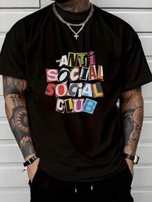 1pcs Sports Fashion Men's 220g T Shirt Urban Style 100% Cotton Casual Tee Anti Social Club Digital Printed T Shirt - 黑色 - 查看 1