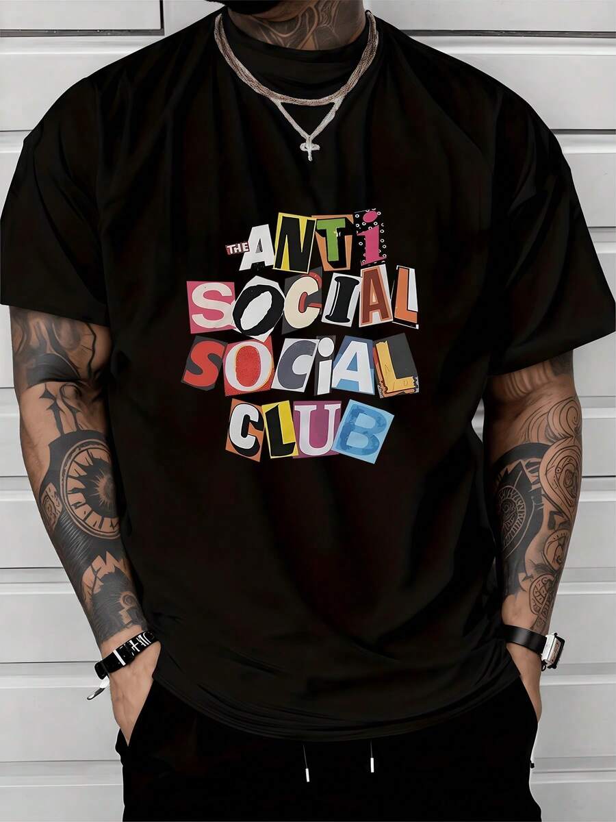1pcs Sports Fashion Men's 220g T Shirt Urban Style 100% Cotton Casual Tee Anti Social Club Digital Printed T Shirt - 黑色 - 查看 1