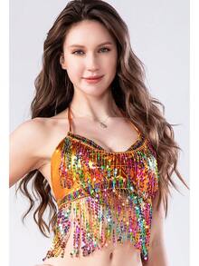 Traje de disfraz con lentejuelas y flecos, traje de danza del vientre con lentejuelas, traje de cantante sin espalda para bares y calles - Multicolor - Ver 27