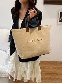 新款大容量字母裝飾燈芯絨女款手提包，多功能通勤托特包，雙手柄設計，適合上班通勤與購物 - 卡其色 - 查看 5