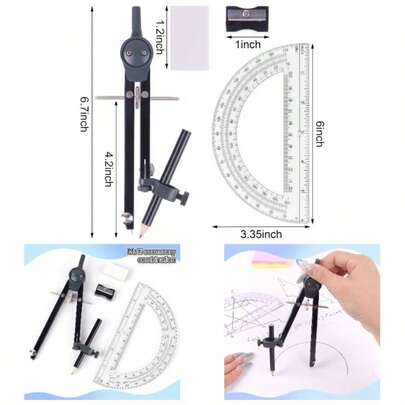 Professional Compass Geometry Set, Metal Compass With Wheel And Lock Geometry, Drawing Compass, Circle Drafting, And 6 Inch Math Protractors 180 Degree Black