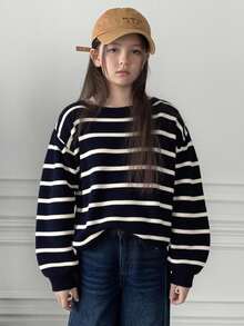 DAZY Tween Girl Oversized Crew Neck Striped Knitted Sweater, Autumn,Back To School Clothes - Black - View 5