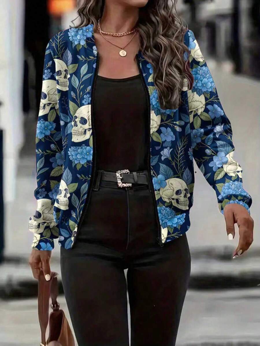 Plus Size Women Skull Print Fashionable Jacket, Autumn/Winter - Multicolor - View 1