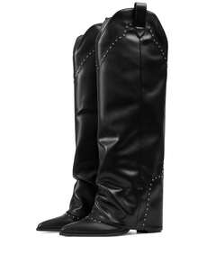 Knee High Boots For Women Pointed Toe Block Heel Long Shark Boots  Pull On Mid Calf Boots With Rivet Fold Over Side Zipper Ruched Slouchy Pleated Boots Party Dressy Fall Winter Boots - màu đen - Xem 2