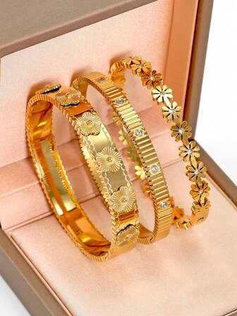 Pulsera de flor de margarita chapada en oro de 18K de acero inoxidable, adecuada para uso diario de mujeres, diseño floral clásico europeo y americano con circonita cúbica, joyería elegante y lujosa, accesorio de muñeca para bodas, regalo para niñas, mujeres, madres, familiares, amigos, bodas hermosas, cumpleaños, Día de la Madre, novia, Día de San Valentín
