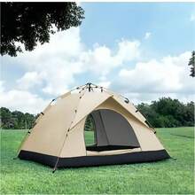 3-4 Person Automatic Pop-Up Tent With Fiberglass Pole, Square Oxford Cloth Camping Shed, Quick-Set 3 Second Design, All-Season Waterproof Zip Open And Close For Camping, Travel And Beach - 淺棕色-兩門兩窗-小號 - 查看 3