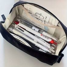 Ins-Style Canvas Pencil Case, Multi-Layered Stationery Organizer With Transparent Compartments, Durable Zipper Closure - Ideal For Students, Available In Black And Blue, Pencil Pouch