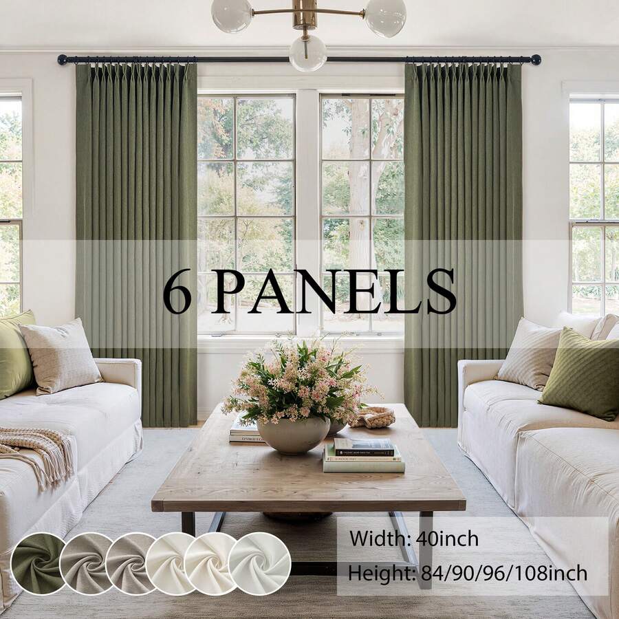 6 Panels Natural Pinch Pleated Semi-Shading Curtains Textured Linen Blended Window Curtains For Living Room Bedroom Pinch Pleat Drapes With Hooks - 綠色 - 查看 1