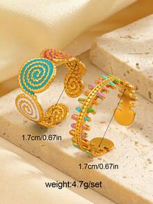Set de 2 anillos abiertos de acero inoxidable con textura de gota de aceite y forma de espina de pescado, en colores, adecuados para que las mujeres los usen a diario y en la playa - Multicolor - Ver 5