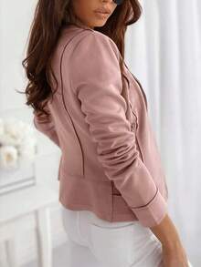 女士拉链纽扣装饰休闲修身短款立领拉链夹克，绒面短外套 - 淺粉色 - 查看 2