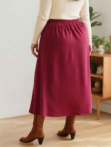 Plus Size Ribbed Knit Skirt With Pearl Buttons - Hot Pink A-Line Midi Skirt For Women, Stretchy Comfort Fit Office To Weekend Skirt, Elegant Front Button Design With Flared Hemline - 玫紅色 - 查看 4