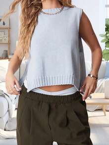 Women's Knit Tank Tops Sleeveless Crew Neck Solid Color Side Tie-Up Loose Fit Vest For Summer Spring Fall - 藍色 - 查看 4