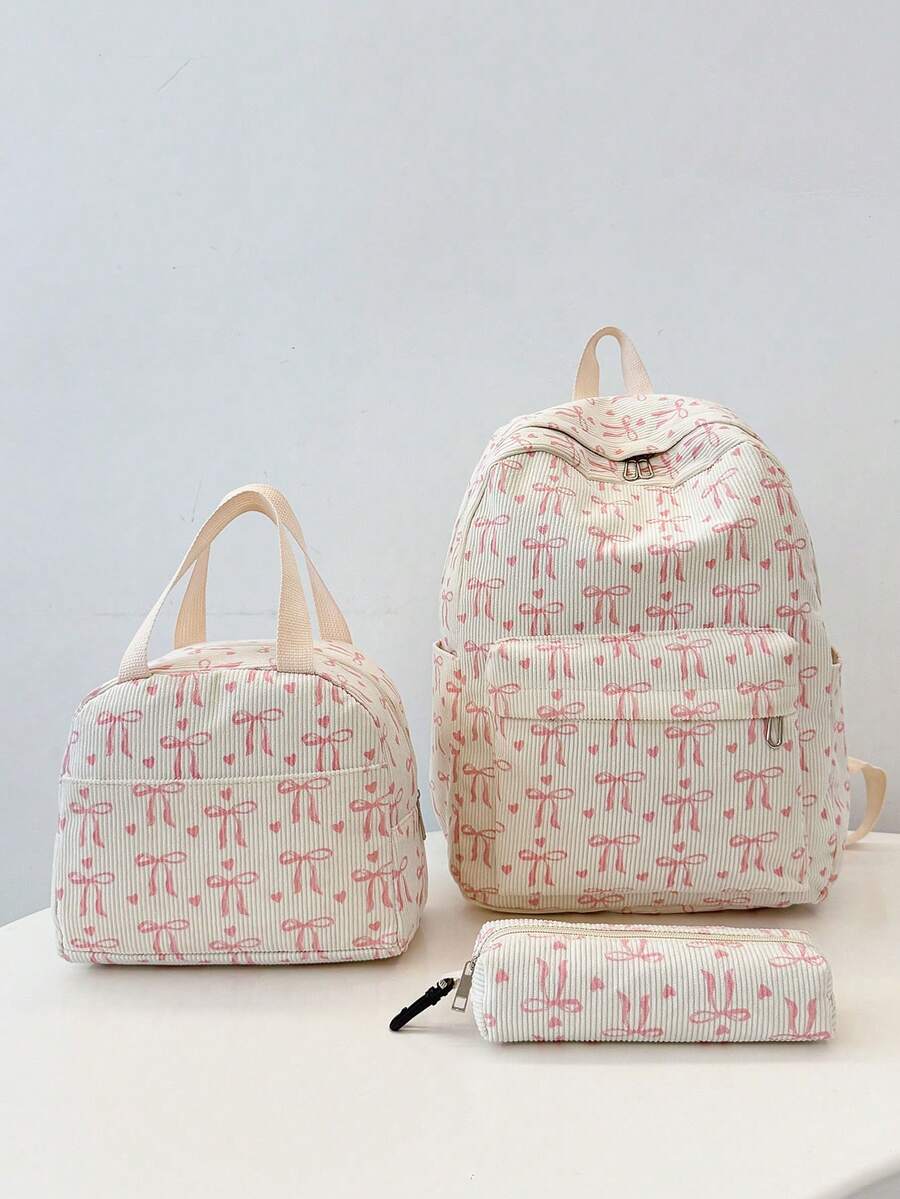 3pcs Bow Backpack Set, Girly Style; Korean School Style Corduroy Backpack; Backpack - Beige - View 1