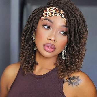 Short Dreadlock Wigs For Black Women Ombre Brown Goddess Faux Locs Headband Wig Braided Wigs Curly Hair Wig Brown Twist Wigs Synthetic Locs Crochet Hair