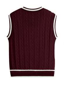 Men's Autumn/Winter Preppy Style Striped Colorblock Knit Vest, Casual Versatile Business Commute Sweater - Burgundy - View 3