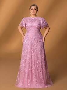 Faeriesty Mosy Luxe Plus Size Mother Of The Bride Dress: Chic Round Neck, Romantic Ruffled Sleeves, Elegant A-Line Skirt With Embroidered Details – Perfect For Weddings, Formal Galas, Black Tie Events, Evening Receptions & Grand Banquets