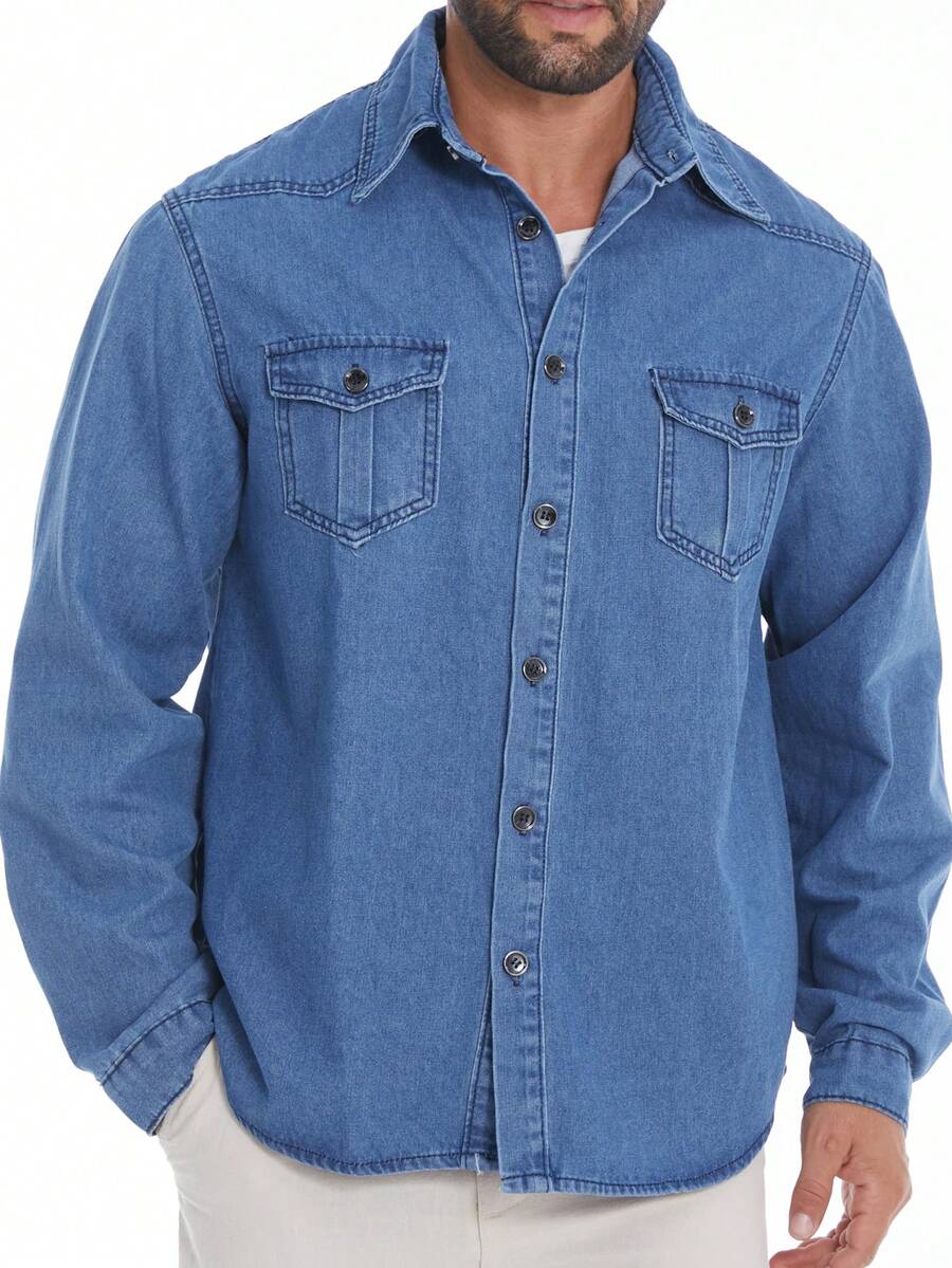 Men's Casual Fashion Street Snap Flap Pocket Loose Denim Shirt, Spring/Autumn, Long Sleeve Top
