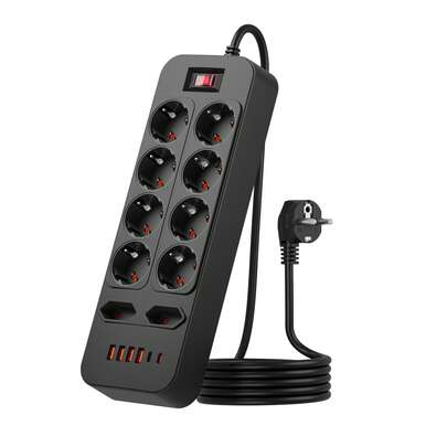 10-fach Steckdosenleiste mit 4 USB-Anschlüssen & 2 Typ-C, 1,8m Verlängerungskabel, matt schwarz/weiß, geeignet für Wohnzimmer, Küche, Schlafzimmer, Büro