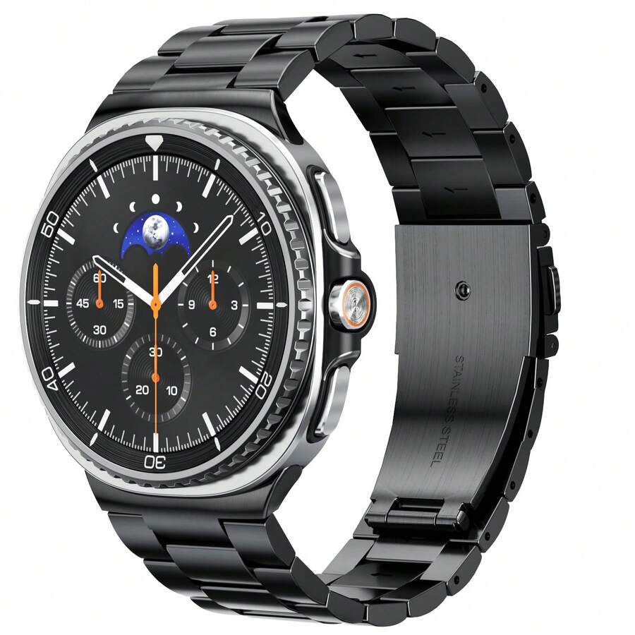 1条三珠折叠扣金属表带，适用于三星 Watch 8 Galaxy Watch 8 40mm/44mm/Galaxy Watch 8 Classic 46mm，经典实心不锈钢表带，男士礼物 - 黑色 - 查看 1