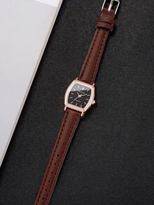 Women's Minimalist Quartz Wristwatch With Barrel-Shaped Leather Strap - Brown - View 6