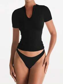 XLLAIS Women's Fashionable Zip Collar Solid Color Tight Fit T-Shirt, Stretchy Short Sleeve Casual Sports Top, Back To School Season - Black - View 4