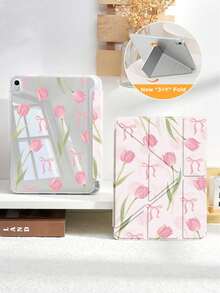 粉色蝴蝶结郁金香双面亚克力水晶保护壳，兼容 iPad 10 代、iPad 10.2/iPad mini 6/iPad mini 7/9.7、Galaxy Tab A9 Plus、3+Y 折叠平板电脑，防弯折，硅胶加固边角，自动唤醒/睡眠，内置笔槽，多角度支架 - 完美日常保护，理想的节日礼物 - 彩色 - 查看 10