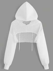 Fashionable Women's Sports Cropped Mesh Patchwork Loose Hoodie, Breathable Solid Color