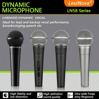 Nueva serie de micrófonos alámbricos LN58 Dynacmic, micrófono de mano vocal adecuado para karaoke, fiestas y canto. Fabricado en material metálico con patrón cardioide. El conector de 6,35 mm es compatible con varios dispositivos, lo que lo hace extremadamente conveniente para reuniones y uso doméstico.