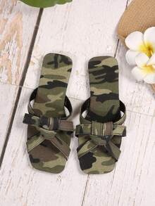 Women's Flat Square Toe Criss-Cross Strap Sandals, Camouflage Solid Color Fashion Elegant Fabric Bowknot Slippers For Indoor And Outdoor, Spring/Summer - Camouflage - View 6