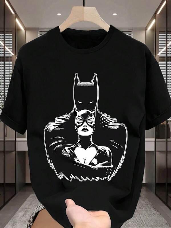 Warner Bros Camiseta de manga corta con cuello redondo y estampado gráfico de Batman de dibujos animados de Warner Bros. para hombres, camiseta casual de moda para hombres, ligeramente elástica, no transparente, material de fácil cuidado, adecuada para uso diario, camiseta de manga corta para hombres, adecuada para todas las estaciones