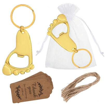 Abridor de botellas con llavero de pie de bebé en dorado/plata con bolsa de , cuerda de yute y tarjeta de agradecimiento, ideal para: Baby Shower, Revelación de Género, Fiestas de Cumpleaños, Eventos de Regalo, Día de San Valentín, Accesorios de Cocina y Bar, Recuerdos de Fiesta
