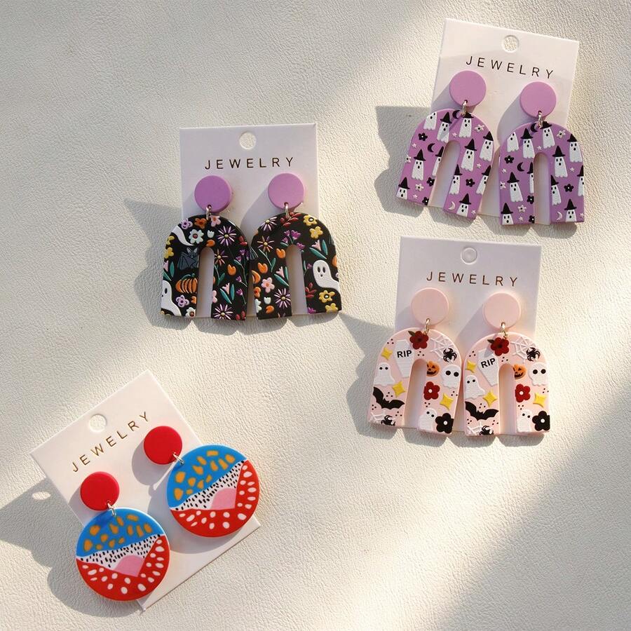 1 pereche de cercei cu pandantiv acrilic cu elemente de groază cu fantome drăguțe și amuzante de Halloween, cadou pentru petrecere și sărbătoare pentru femei