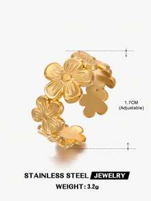 1pc Stainless Steel Fashionable Flower Open Ring Suitable For Women's Daily Wear Valentines - Yellow Gold - View 6