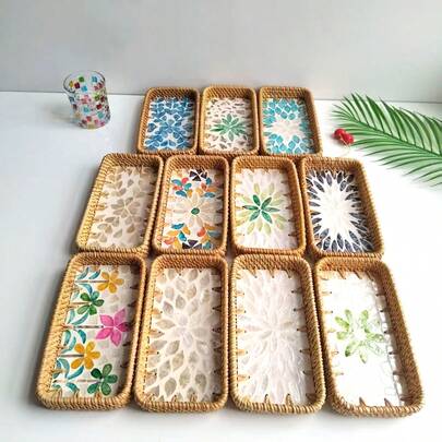 8.66 X 4.72 X 1.18 英寸手工藤条和贝壳装饰收纳托盘、入口钥匙扣、桌面收纳盒