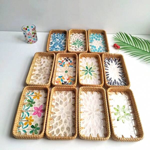 Bandeja decorativa de vime e concha feita à mão, 8,66 x 4,72 x 1,18 polegadas, porta-chaves de entrada, organizador de mesa