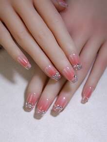 Aurora Metal PUNK & Y2K 腮红手工指甲 10 件方形短法式光泽蝴蝶水钻指甲装饰按压指甲可重复使用假指甲 DIY 美甲派对和职业假指甲 - 紅色 - 查看 4