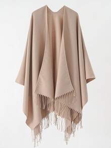 1pc Women's Solid Color Faux Cashmere Fringe Oversized Shawl Collar Open Front Warm Cloak Cape For Dress