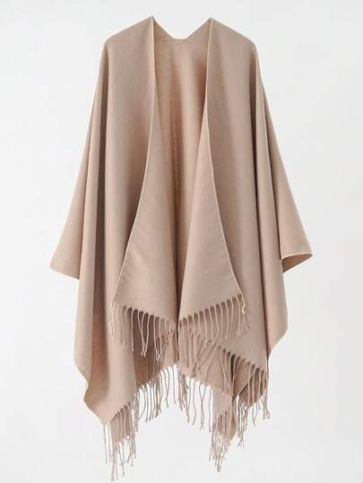 1pc Women's Solid Color Faux Cashmere Fringe Oversized Shawl Collar Open Front Warm Cloak Cape For Dress
