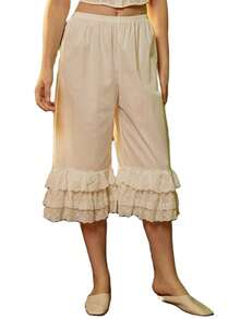 Women Lace Trim Pettipants Ruffle Pumpkin Pants Bloomers Vintage Long Pantaloons Wide Leg Lounge Capris Slip Pants - trắng - Xem 4