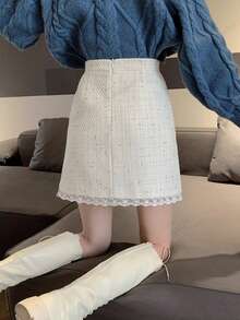 Tweed Small Fragrance High Waist Slimming Lace Patchwork Hip Short Skirt Autumn And Winter - White - View 5