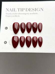 10片手工制作可佩戴美甲贴纸，短款杏仁形按压式美甲，甜美奢华风格，光滑亮泽的纯红色按压式短美甲，适合女性和女孩日常及节日佩戴，包含美甲护理套装 - 彩色 - 查看 3