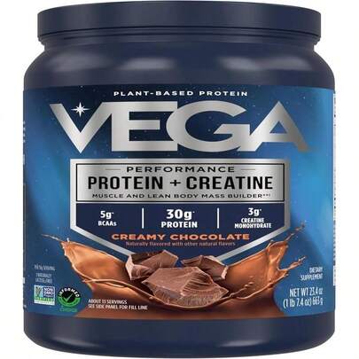 Vega Protein + Creatine - 30g Plant-Based Protein, Chocolate, 20 Servings, 3g Creatine, 5g BCAAs, Vegan, Keto, Gluten Free, Dairy Free, Low Carb, For Muscle Growth &Amp; Repair, Drink Mix, 36oz
